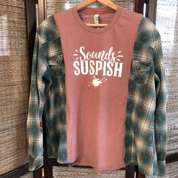 Reworked Flannel Tee, Size S-M: Upcycled Oversized Graphic T-Shirt Remake - Picture 7 of 9